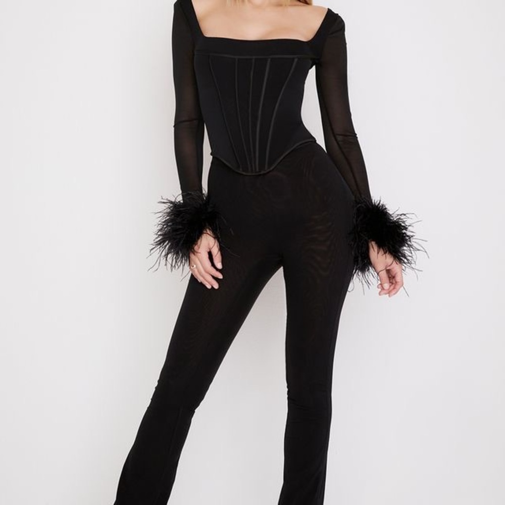 House of CB Stella Black Mesh Feather-Trimmed Corset 🖤